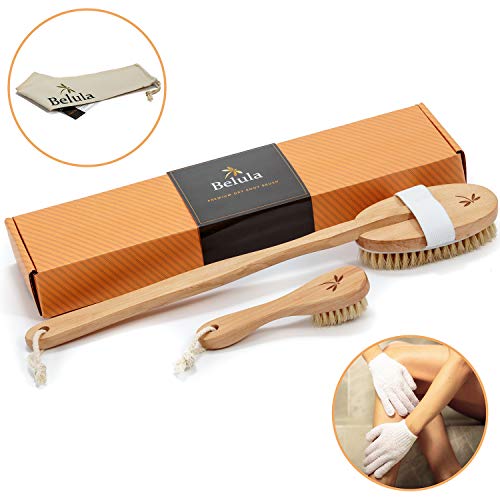 Premium Dry Brushing Body Brush Set- Natural Boar Bristle Body Brush , Exfoliating Face Brush & One Pair Bath & Shower Gloves. Free Bag & How To – Great Gift For A Glowing Skin & Healthy Body