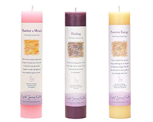 Crystal Journey Reiki Charged Herbal Magic Pillar Candle - Manifestation Bundle (Manifest a Miracle, Healing, Positive Energy)