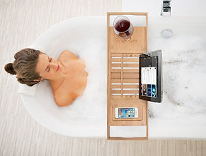 Premium Bamboo Bathtub Tray Caddy | Wood Bath Tray Expandable with Book and Wine Holder