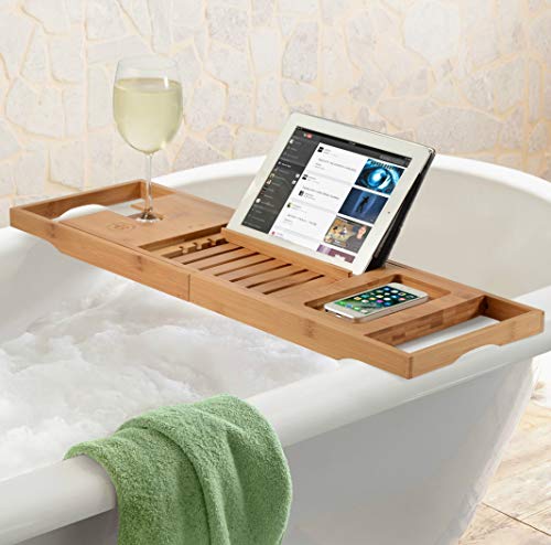 Premium Bamboo Bathtub Tray Caddy | Wood Bath Tray Expandable with Book and Wine Holder