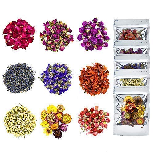 Dried Flowers, Natural Dried Flower Herbs Kit for Bath - 9Bag Include Dried Lavender, Rose Petals, Jasmine Flower, Gomphrena Globosa and More
