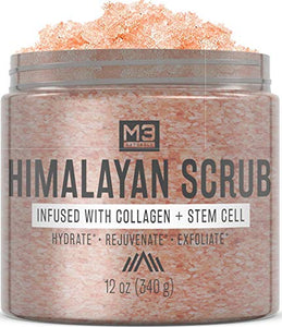 M3 Naturals Himalayan Salt Scrub Infused with Collagen and Stem Cell Natural Exfoliating Body and Face Souffle for Acne Cellulite Dead Skin Scars Wrinkles Cleansing Exfoliator 12 oz